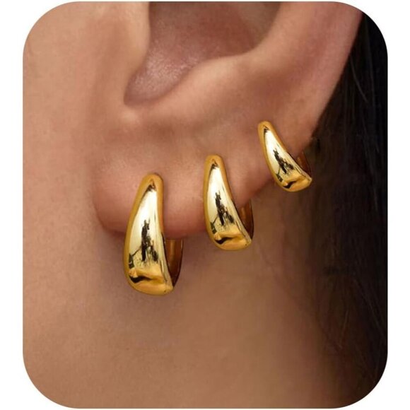 Women's 3Pairs Gold Hoop Earring Set Trendy Chunky Huggie Dainty Earring - Picture 1 of 8
